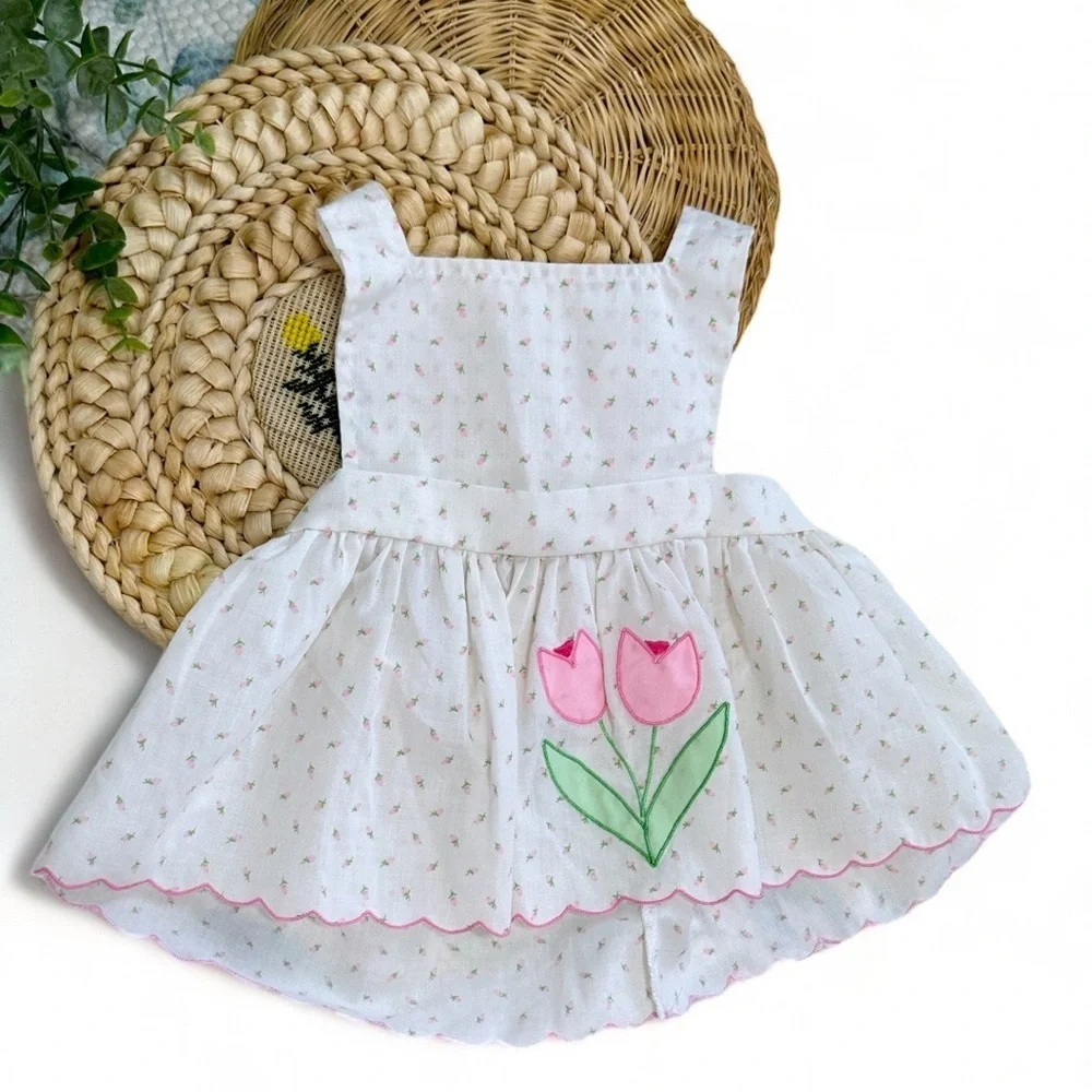 Vintage Baby Girl Delicate White Pink Tulip Floral Jumper Dress Size 9 Months